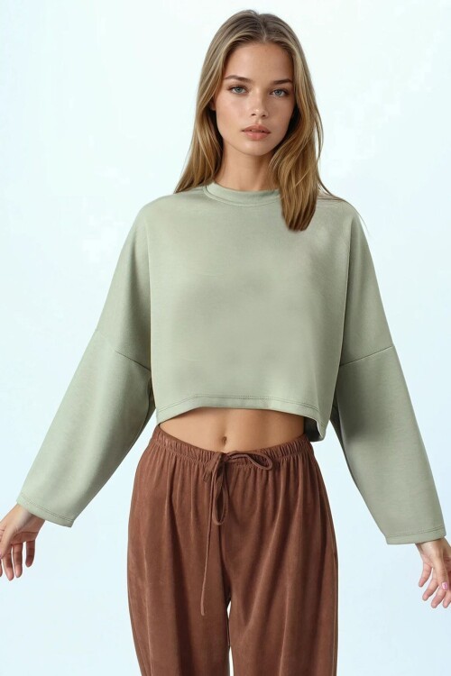 Bisiklet Yaka Yarım Kol Crop Basic Bluz
