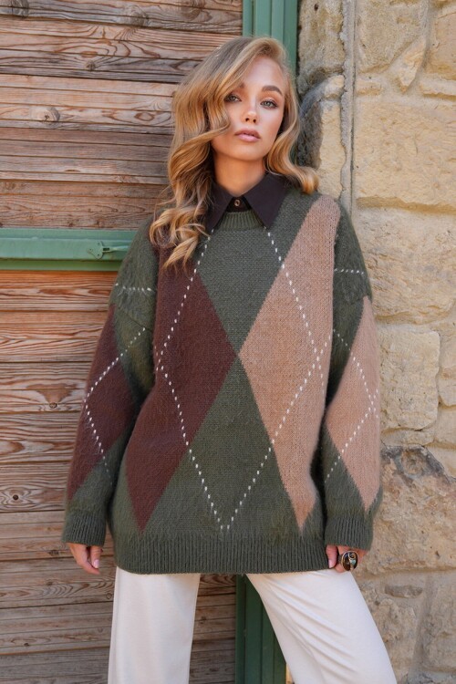 Bisiklet Yaka Yün Karışımlı Oversize Kazak