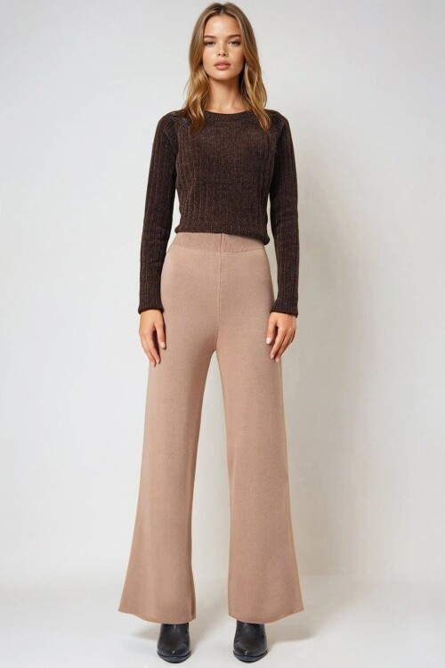 Bisküvi Yüksek Bel Beli Lastikli Triko Palazzo Pantolon