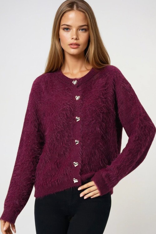 Bordo Kalp Düğme Detaylı Sakallı Hırka