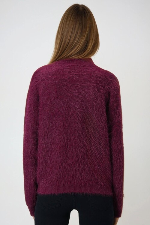 Bordo Kalp Düğme Detaylı Sakallı Hırka