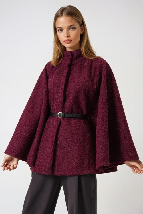 Bordo Kemerli Gizli Düğmeli Premium Pelerin