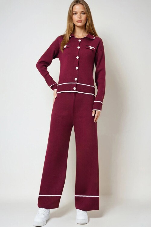Bordo Kontrast Biyeli Polo Yaka Triko Hırka Ve Pantolon Takım