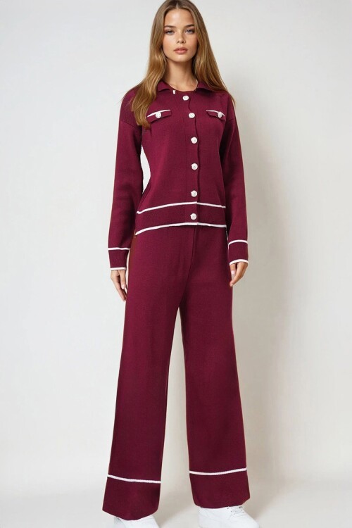 Bordo Kontrast Biyeli Polo Yaka Triko Hırka Ve Pantolon Takım