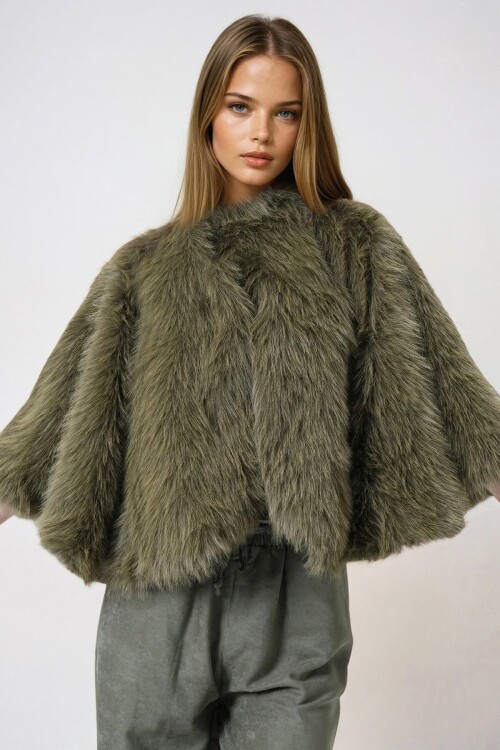 Çağla Yeşili Agraflı Astarlı Kürk Pelerin