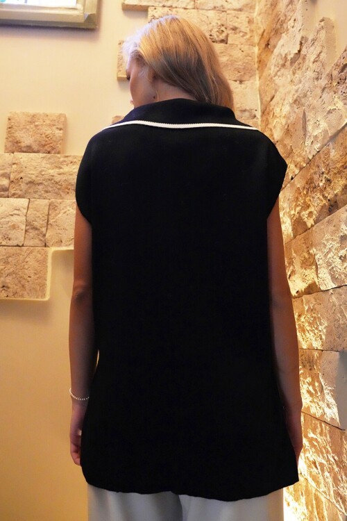 Ceket Yaka Renk Bloklu Düğmeli Kolsuz Triko Ceket