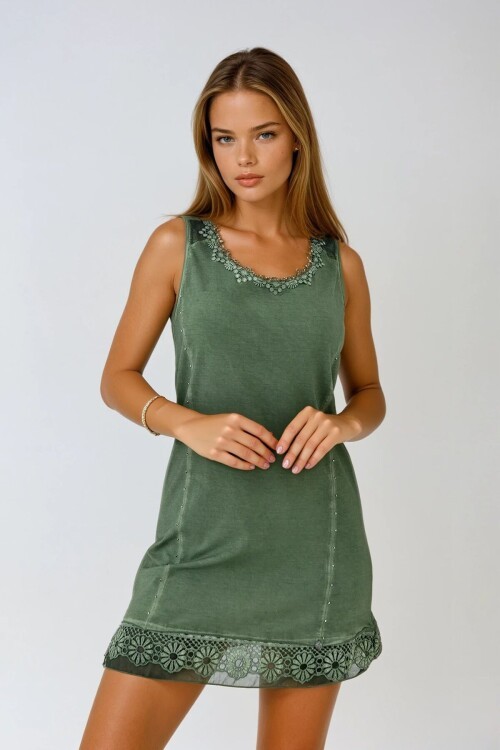 Haki Çiçek Dantel Detaylı Kolsuz U Yaka Mini Elbise