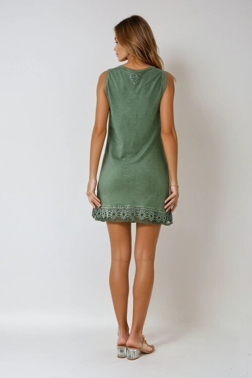 Haki Çiçek Dantel Detaylı Kolsuz U Yaka Mini Elbise