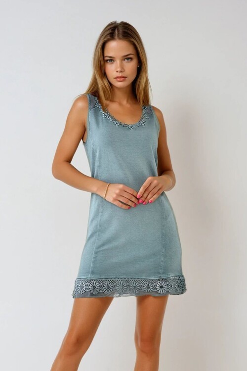 Füme Çiçek Dantel Detaylı Kolsuz U Yaka Mini Elbise