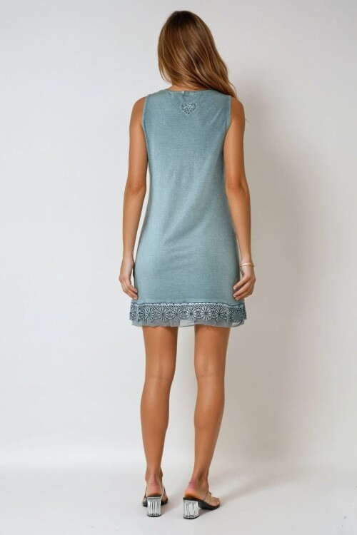 Füme Çiçek Dantel Detaylı Kolsuz U Yaka Mini Elbise