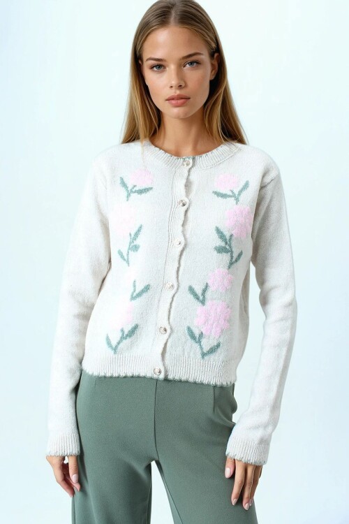 Çiçek Desenli Düğmeli Triko Hırka