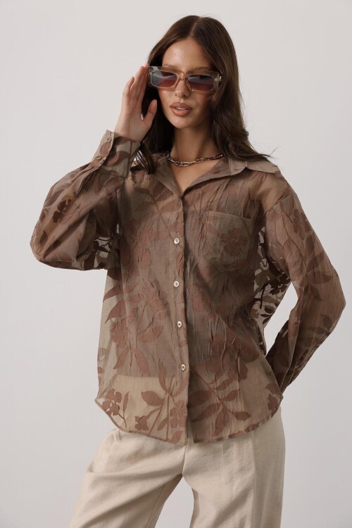 Çiçek Desenli Transparan Dokulu Oversize Uzun Kollu Gömlek