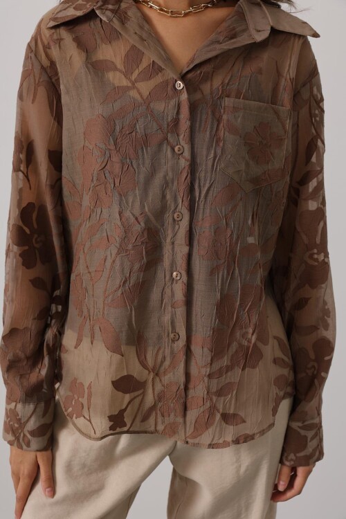 Çiçek Desenli Transparan Dokulu Oversize Uzun Kollu Gömlek