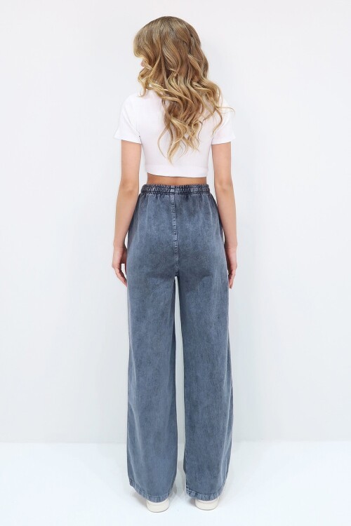 İndigo Mavi Çift Cepli Bağlamalı Gabardin Palazzo Pantolon