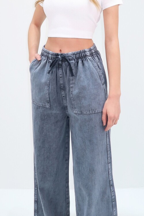 İndigo Mavi Çift Cepli Bağlamalı Gabardin Palazzo Pantolon