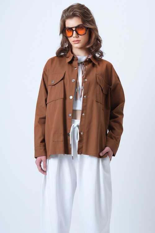 Çift Cepli Çıt Çıt Kapamalı Oversize Gömlek Gabardin Ceket