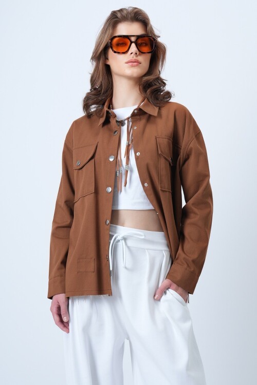 Çift Cepli Çıt Çıt Kapamalı Oversize Gömlek Gabardin Ceket