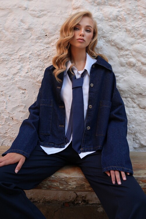 Çift Cepli Crop Denim Ceket