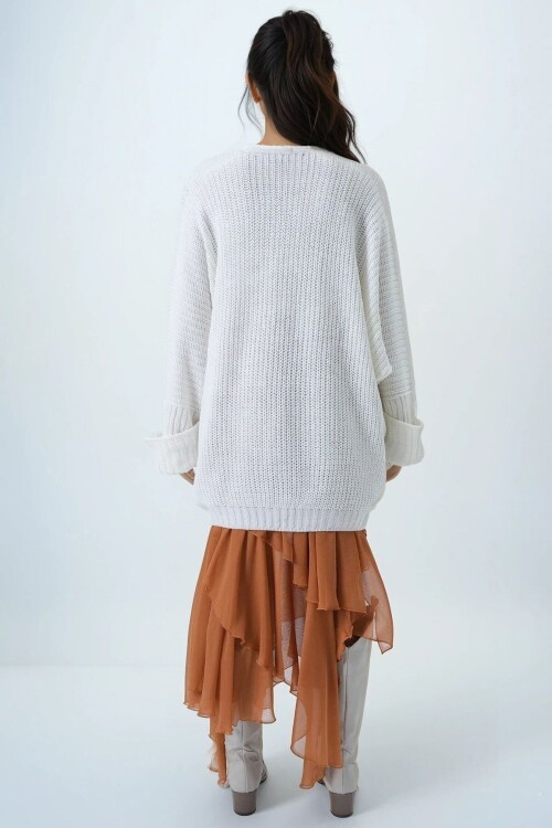 Çift Cepli Duble Kol Selanik Örgü Uzun Triko Hırka