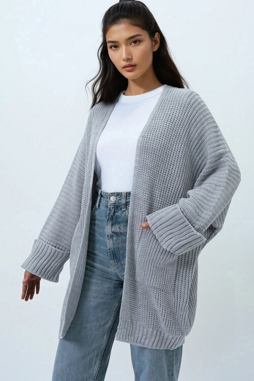 Çift Cepli Duble Kol Selanik Örgü Uzun Triko Hırka