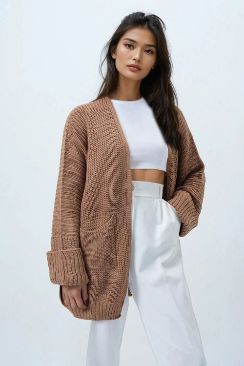 Çift Cepli Duble Kol Selanik Örgü Uzun Triko Hırka