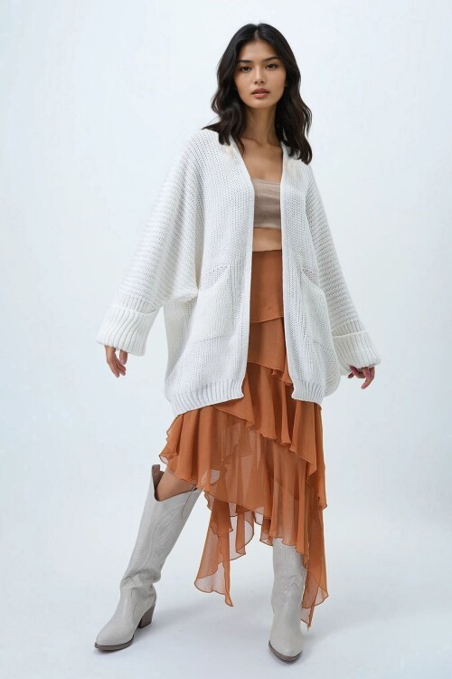 Çift Cepli Duble Kol Selanik Örgü Uzun Triko Hırka