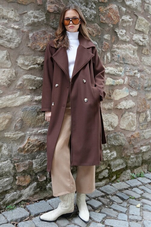 Çift Cepli İçi Astarlı Kruvaze Yaka Uzun Kaşe Palto