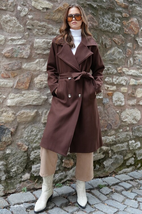 Çift Cepli İçi Astarlı Kruvaze Yaka Uzun Kaşe Palto