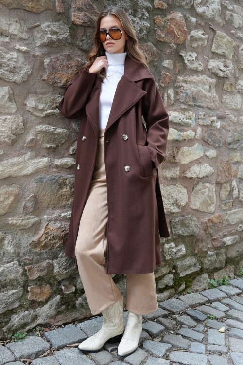 Çift Cepli İçi Astarlı Kruvaze Yaka Uzun Kaşe Palto