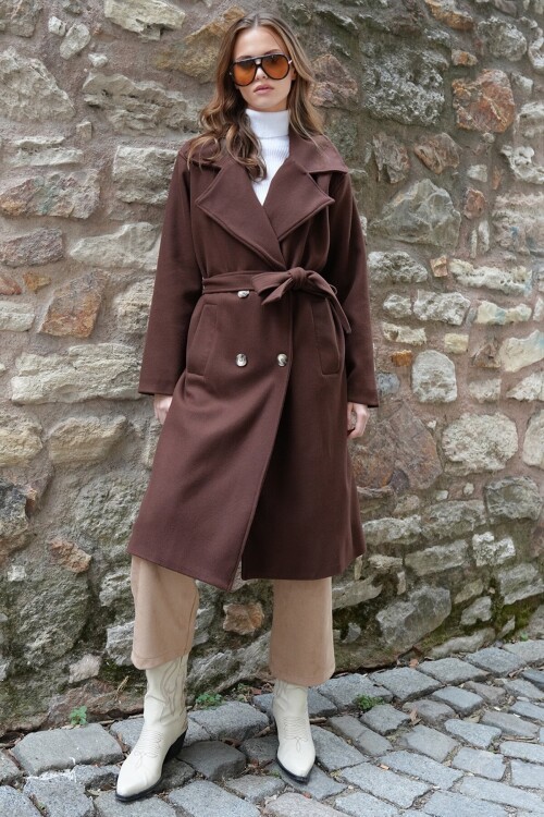 Çift Cepli İçi Astarlı Kruvaze Yaka Uzun Kaşe Palto