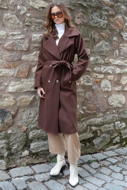 Çift Cepli İçi Astarlı Kruvaze Yaka Uzun Kaşe Palto