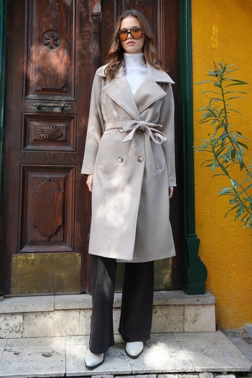 Çift Cepli İçi Astarlı Kruvaze Yaka Uzun Kaşe Palto