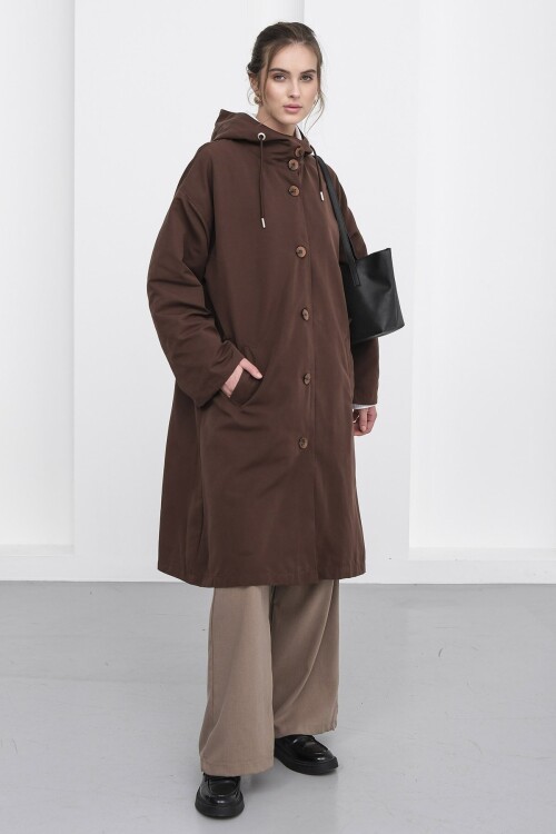 Çift Cepli Kapüşonlu Beli Bağlamalı Düğme Kapamalı Astarlı Trençkot