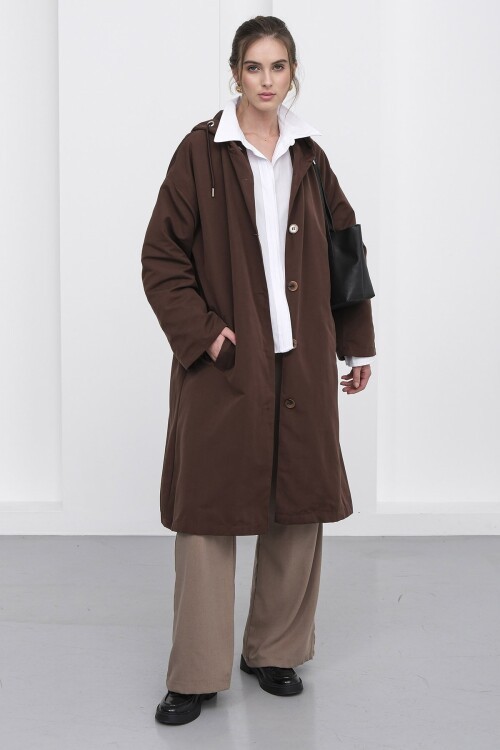 Çift Cepli Kapüşonlu Beli Bağlamalı Düğme Kapamalı Astarlı Trençkot