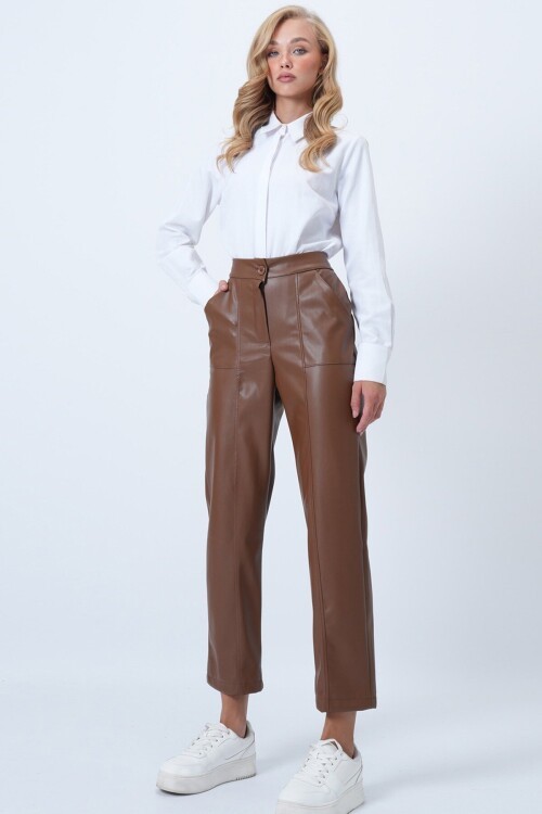 Çift Cepli Önü Çımalı Deri Pantolon