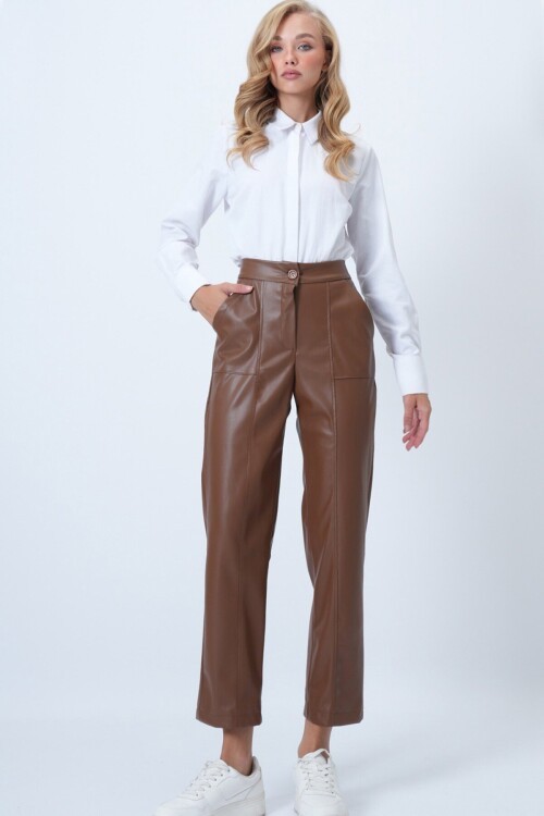 Çift Cepli Önü Çımalı Deri Pantolon