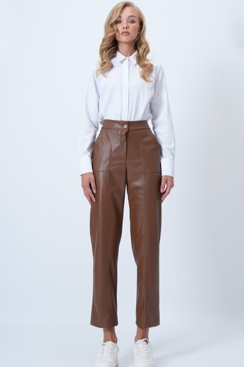 Çift Cepli Önü Çımalı Deri Pantolon