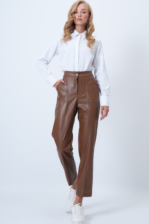 Çift Cepli Önü Çımalı Deri Pantolon