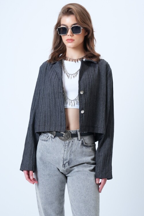 Çift Düğmeli Derin V Yaka Dokulu Crop Ceket