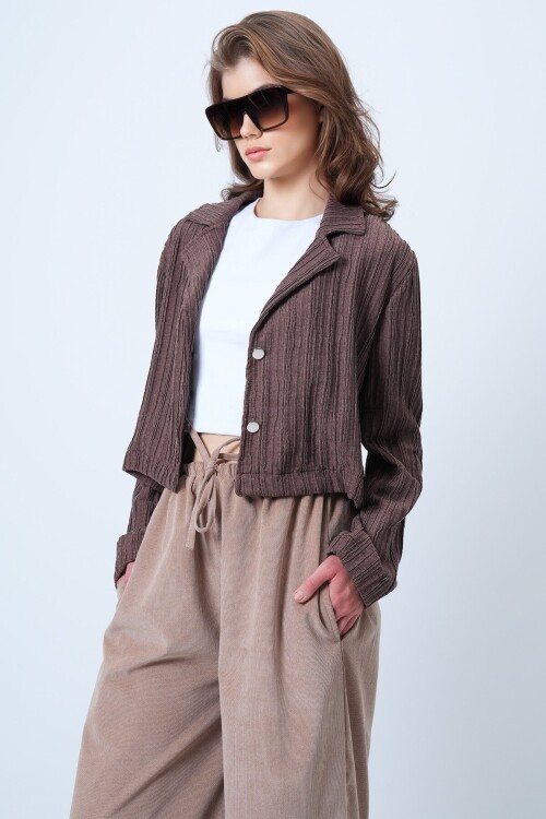 Çift Düğmeli Derin V Yaka Dokulu Crop Ceket