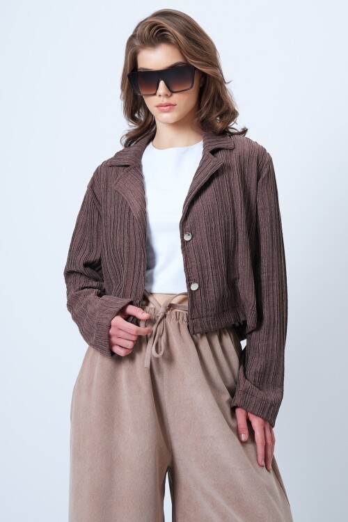 Çift Düğmeli Derin V Yaka Dokulu Crop Ceket