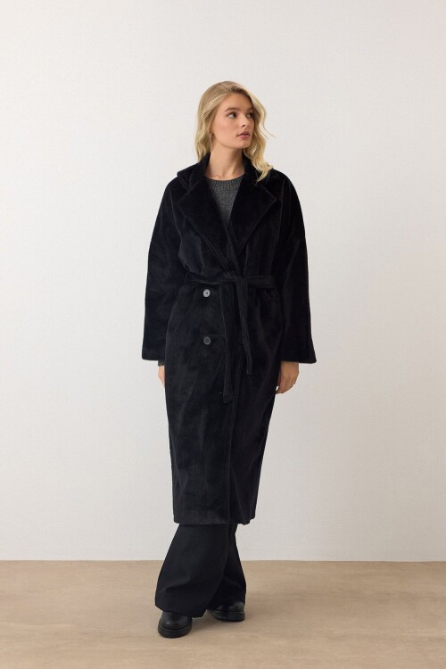 Siyah Çift Düğmeli Yumuşak Dokulu Kaşe Kaban