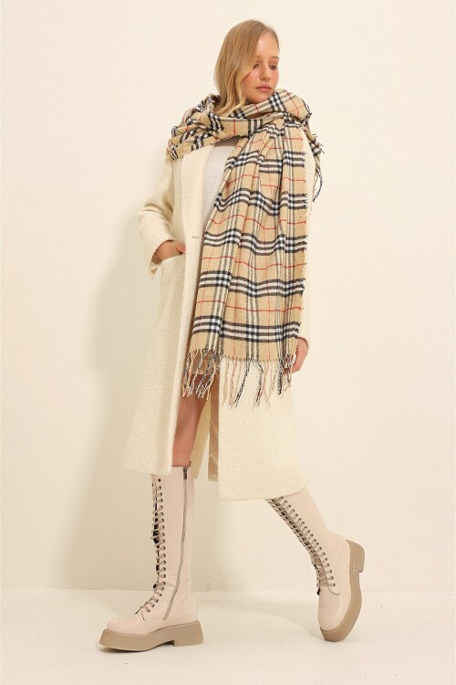 Bej Çizgi Desenli Ekose Şal