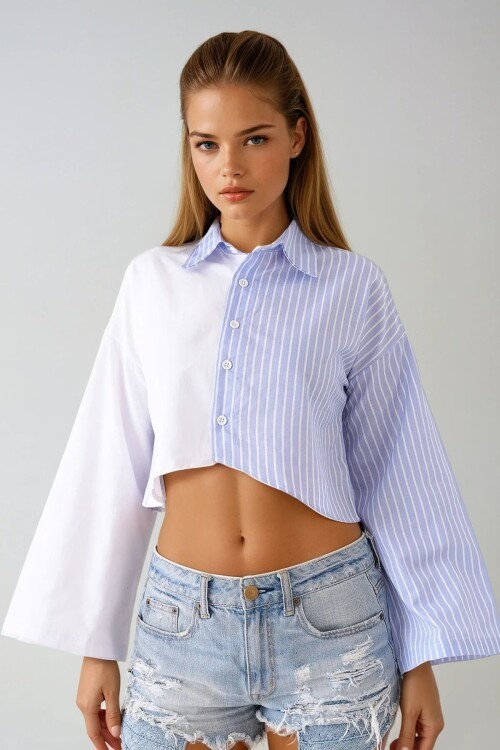 Beyaz Çizgili Geniş Kollu Crop Gömlek