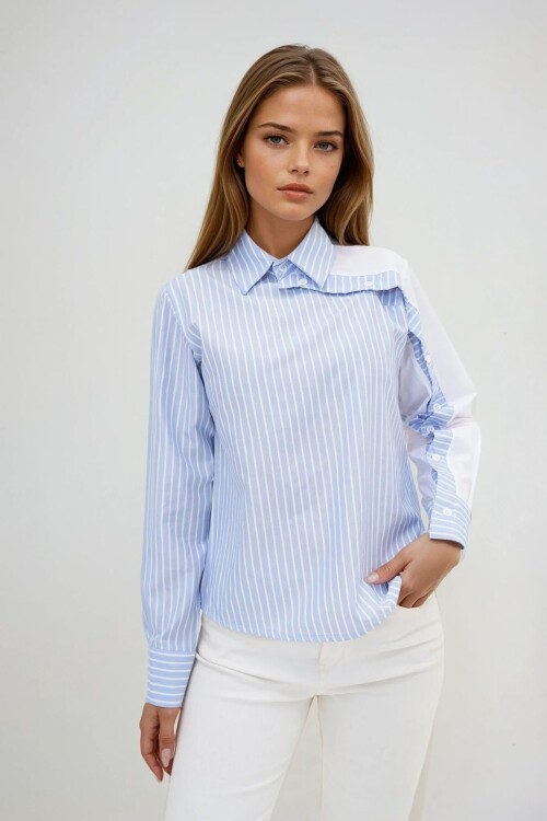 Mavi Çizgili Kontrast Kol Asimetrik Düğme Detaylı Uzun Kollu Gömlek