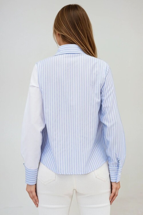 Mavi Çizgili Kontrast Kol Asimetrik Düğme Detaylı Uzun Kollu Gömlek