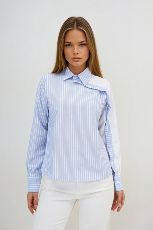 Mavi Çizgili Kontrast Kol Asimetrik Düğme Detaylı Uzun Kollu Gömlek