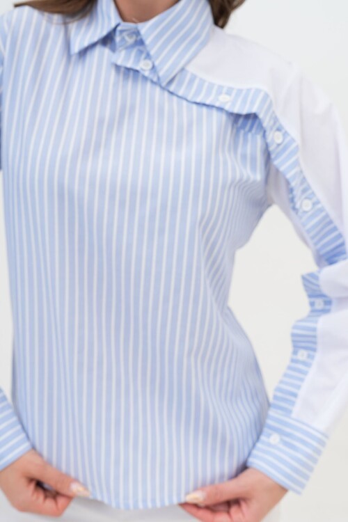 Mavi Çizgili Kontrast Kol Asimetrik Düğme Detaylı Uzun Kollu Gömlek