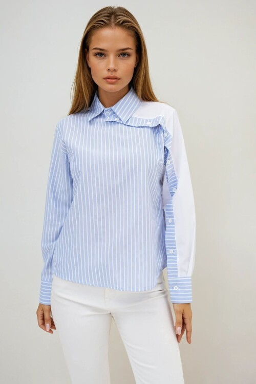 Mavi Çizgili Kontrast Kol Asimetrik Düğme Detaylı Uzun Kollu Gömlek