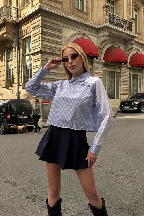 Mavi Çizgili Kontrast Uzun Kollu Asimetrik Düğme Detaylı Crop Gömlek